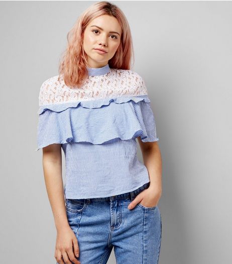 Innocence Pale Blue Stripe Lace Yoke Frill Trim Top | New Look