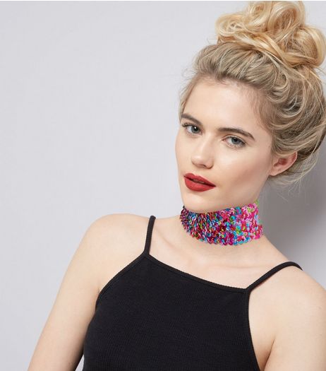 Pink and Blue Sequin Choker | New Look