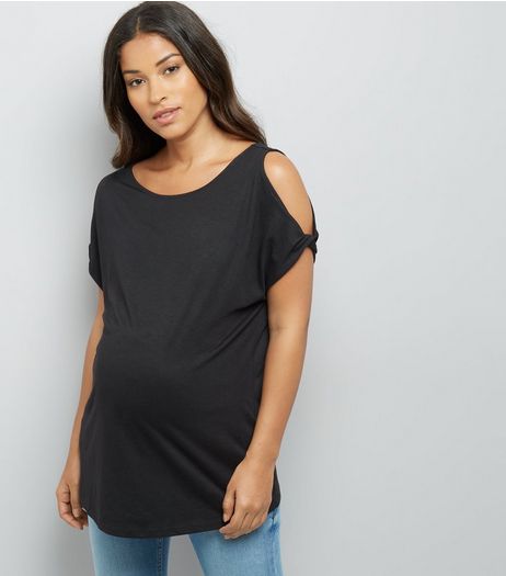 Maternity Black Twist Sleeve Cold Shoulder T-Shirt | New Look