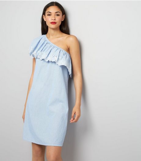 Tall Blue Stripe Floral Embroidered Asymmetric Frill Dress | New Look