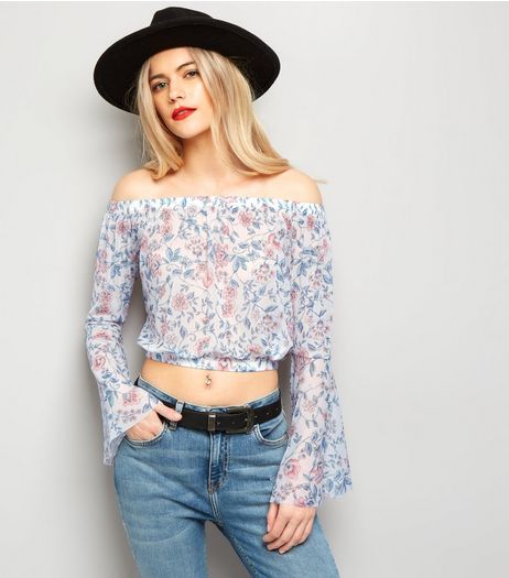 White Mesh Floral Print Bardot Neck Flared Sleeve Top | New Look