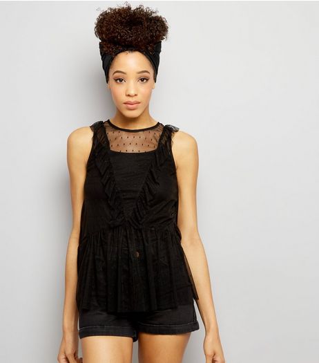 Black Spot Mesh Frill Trim Peplum Hem Top | New Look