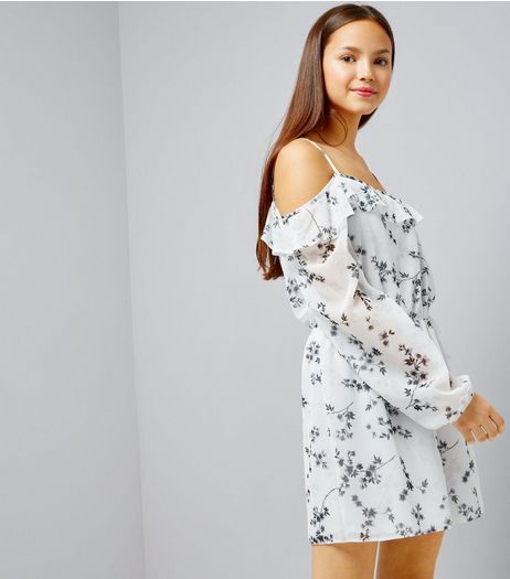 Teens White Floral Print Bardot Neck Chiffon Playsuit | New Look
