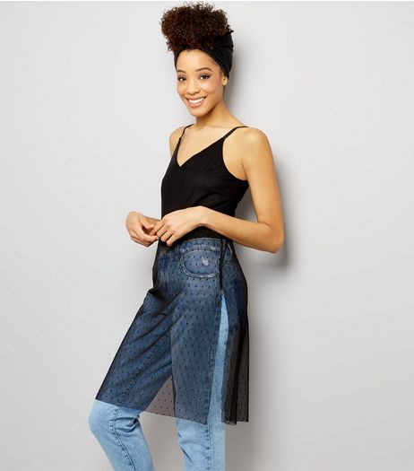Black Spot Print Mesh Hem Longline Cami Top | New Look