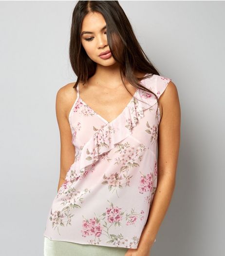 Pink Floral Mesh Frill Trm Cami | New Look