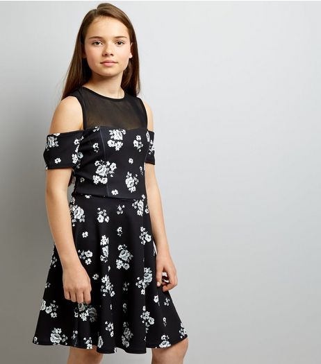 Teens Black Floral Print Mesh Panel Skater Dress | New Look
