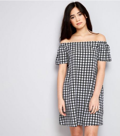 Teens Black Gingham Bardot Neck Dress | New Look