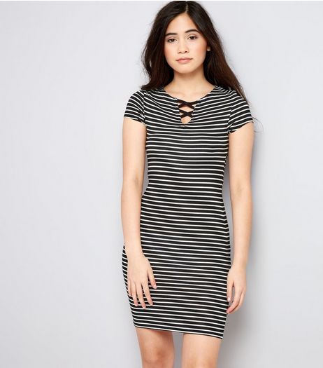 Teens Black Stripe Lattice Front Bodycon Dress | New Look