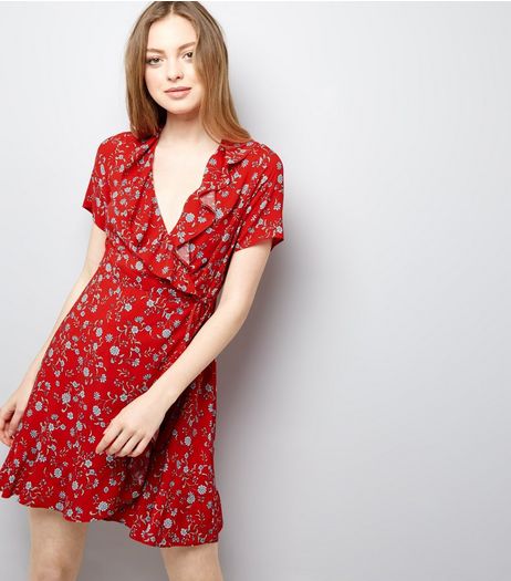 Red Floral Frill Trim Wrap Front Mini Dress | New Look
