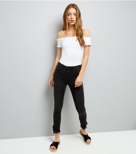 Black Frayed Angled Hem Skinny Jeans | New Look
