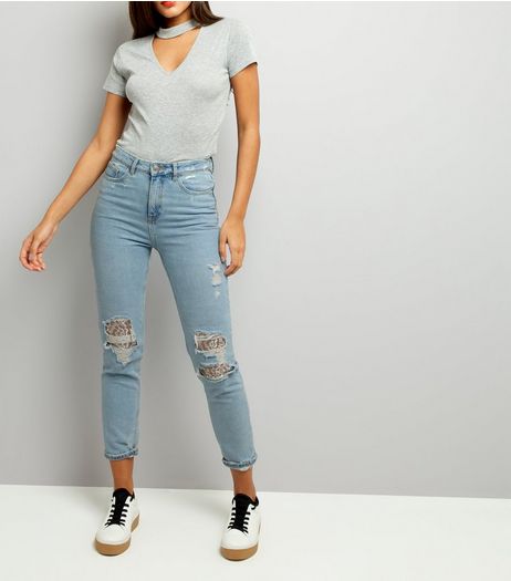 Pale Blue Ripped Lace Knee Mom Jeans | New Look