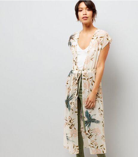 White Floral Print Tie Waist Longline Kimono | New Look