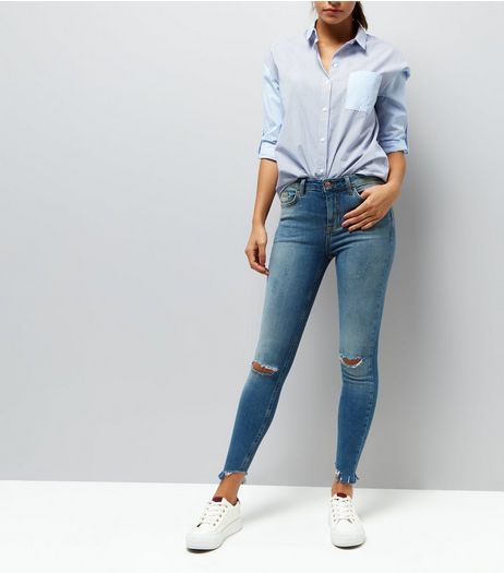 Blue Ripped Angled Hem Skinny Jenna Jeans | New Look