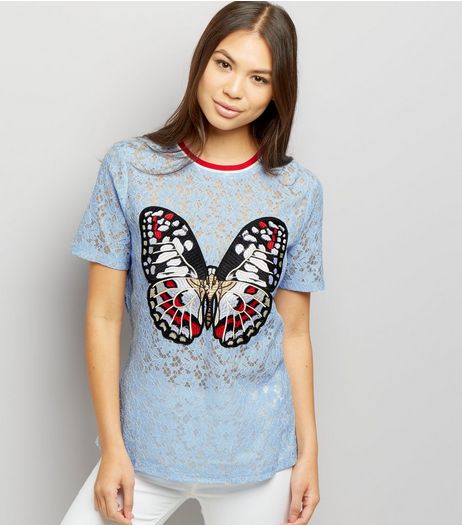 Anita and Green Blue Lace Embroidered Butterly T-Shirt | New Look