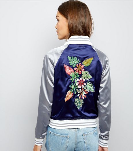 Blue Vanilla Navy Sateen Floral Embroidered Bomber Jacket | New Look