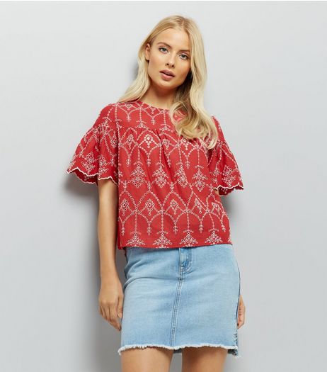 Red Cut Out Embroidered Smock Top | New Look