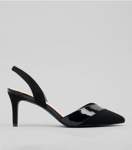 Wide Fit Black Patent Trim Sling Back Heels | New Look