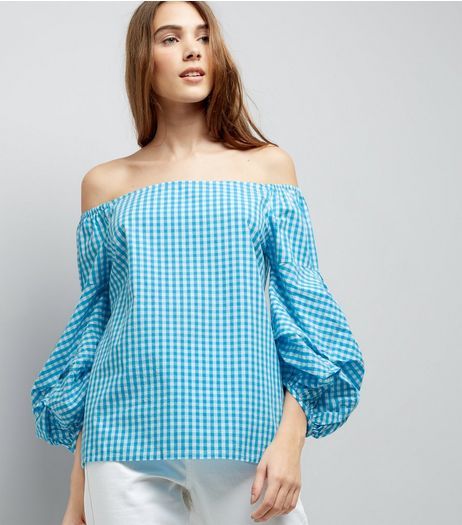 Blue Gingham Ruched Sleeve Bardot Neck Top | New Look