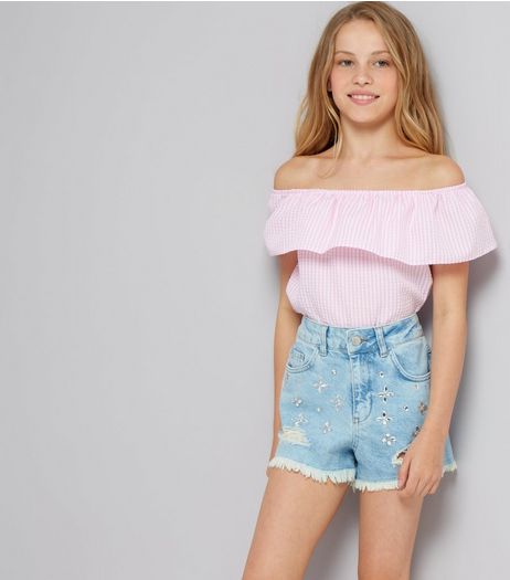 Teens Blue Denim Gem Stone Shorts | New Look