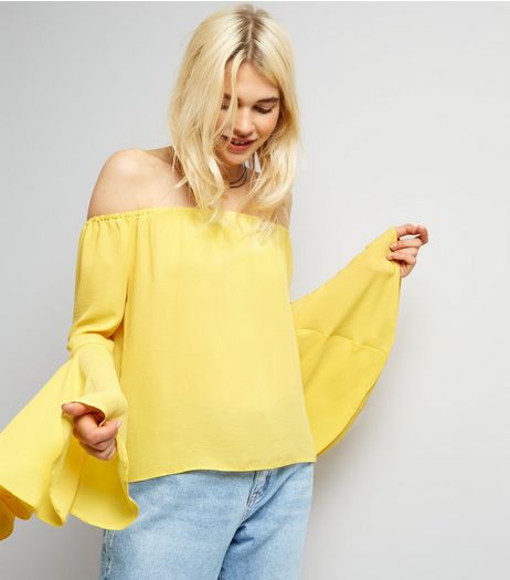 Yellow Flared Sleeve Bardot Neck Top | New Look