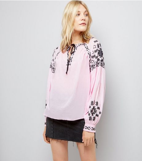 Pink Contrast Embroidered Smock Top | New Look
