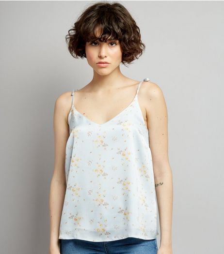 Blue Floral Print Satin Tie Strap Cami | New Look