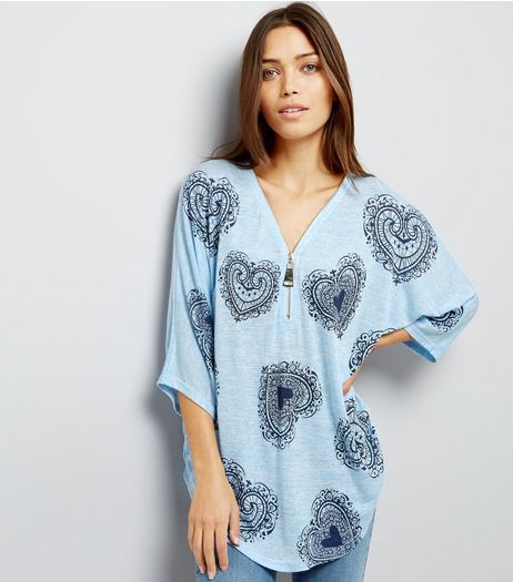 Blue Vanilla Blue Heart Print Zip Neck Top | New Look