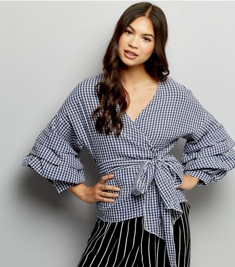 Blue Vanilla Navy Gingham Layered Frill Trim Sleeve Top | New Look