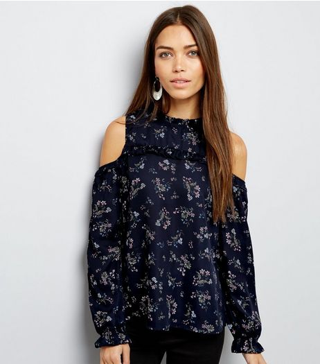 Blue Vanilla Navy Floral Cold Shoulder Frill Trim Top | New Look