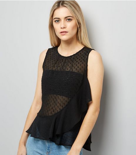 Black Spot Print Frill Trim Chiffon Top | New Look