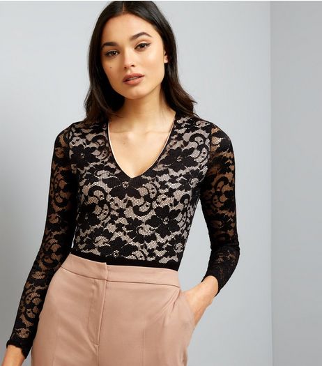 Pink Vanilla Black Lace V Neck Bodysuit | New Look