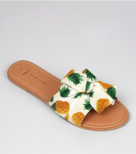 Wide Fit White Pineapple Print Bow Strap Mules | New Look