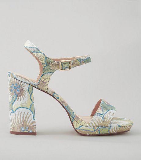 Wide Fit Pastel Blue Floral Brocade Heeled Sandals | New Look