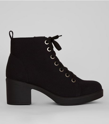Wide Fit Black Canvas Lace Up Ankle Boots | New Look