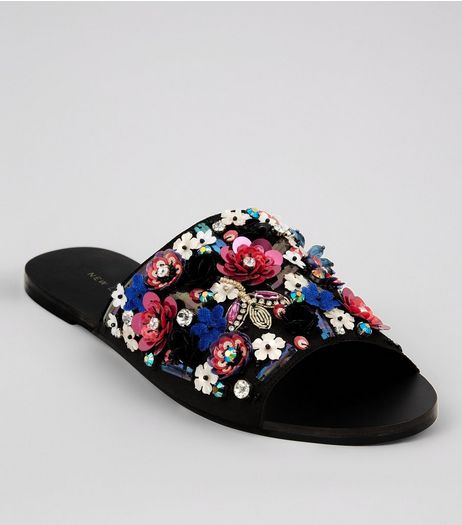 Black Floral Sequin Embellished Mules | New Look