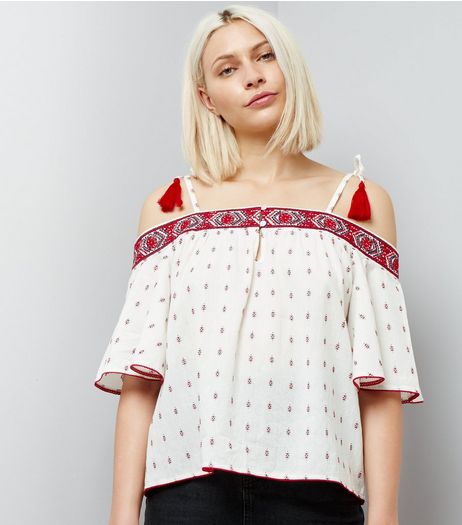 White Embroidered Trim Tassel Trim Cold Shoulder Top | New Look