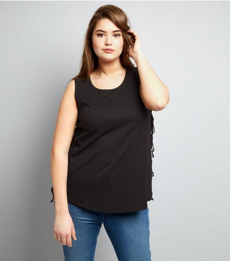Curves Black Tie Side Tank Top | New Look