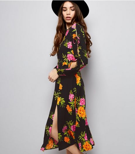 Black Floral Print Tie Sleeve Midi Dress | New Look