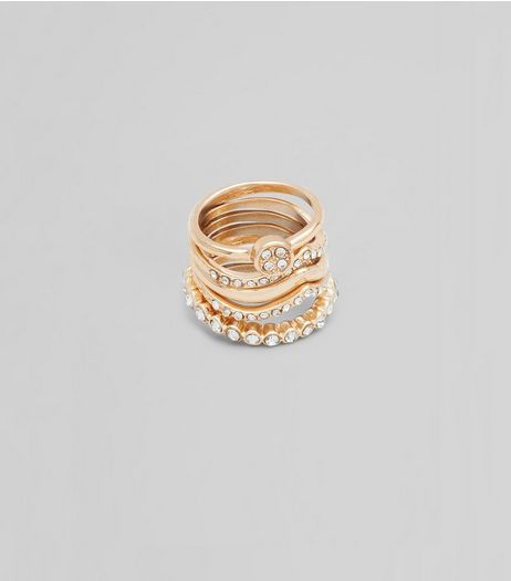 5 Pack Gold Diamante Detail Stack Rings | New Look