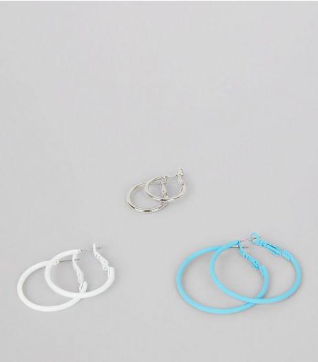 3 Pack Blue White and Silver Hoop Earrings | New Look