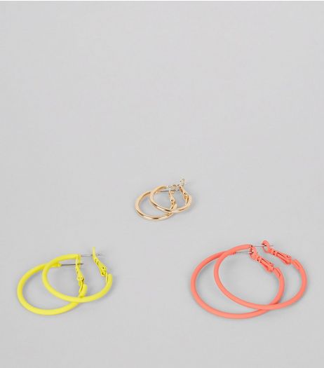 3 Pack Red Yellow and Gold Hoop Earrings | New Look
