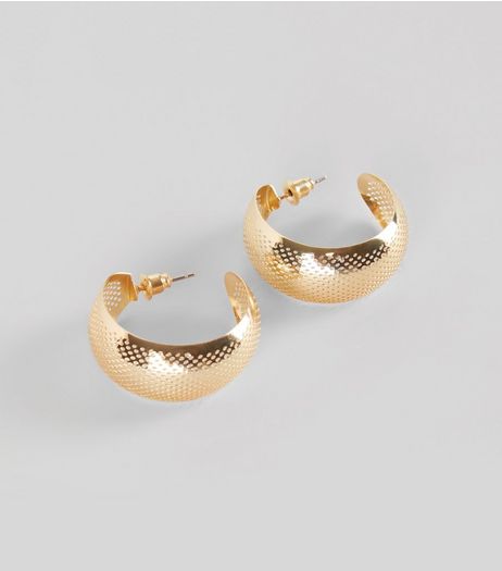 Gold Wide Perforated Hoop Earrings | New Look