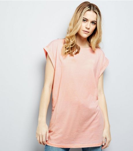 Coral Rolled Sleeve Longline T-Shirt | New Look