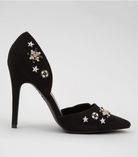 Black Suedette Embellished Pointed Heels | New Look