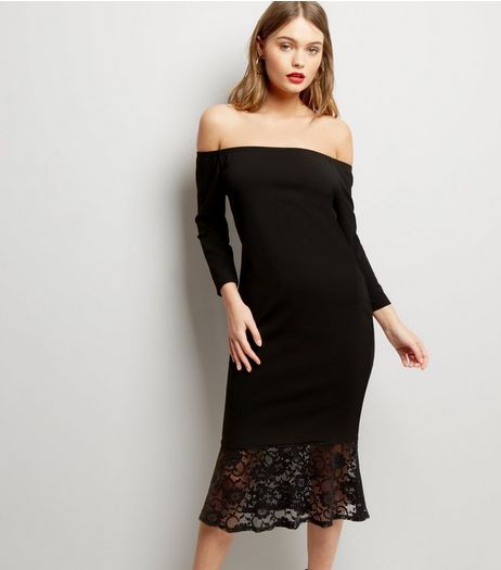 Cameo Rose Black Lace Trim Fishtail Hem Midi Dress | New Look