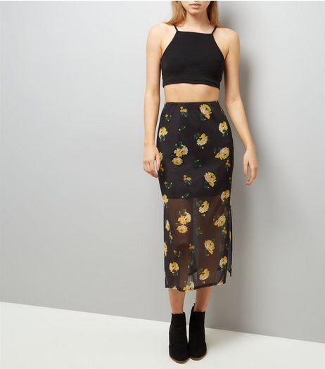 Black Mesh Floral Embroidered Midi Skirt | New Look