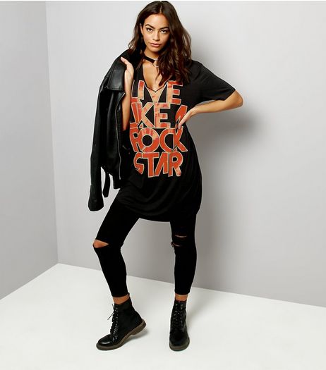 Cameo Rose Black Choker Neck Rockstar Oversized T-Shirt | New Look