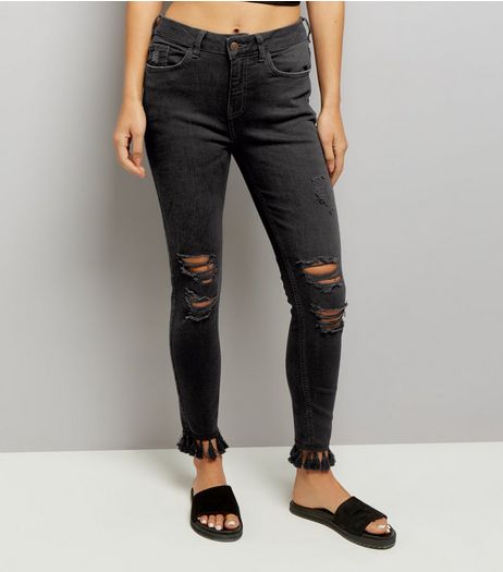 Black Ripped Pom Pom Hem Skinny Jenna Jeans | New Look