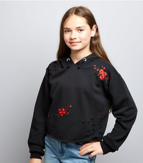Teens Black Floral Embroidered Ripped Hoodie | New Look