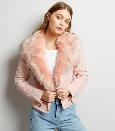 Blue Vanilla Pink Faux Fur Collar Leather-Look Jacket | New Look